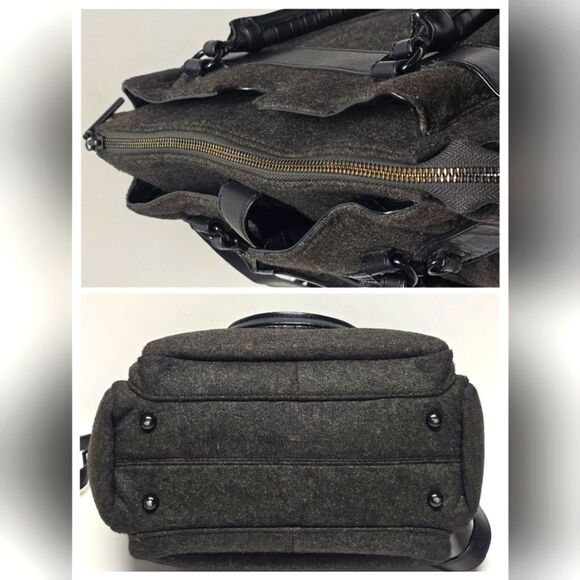 Elliott Lucca Black Gray Wool Black Leather Trim Satchel Shoulder Crossbody Bag - Picture 3 of 8